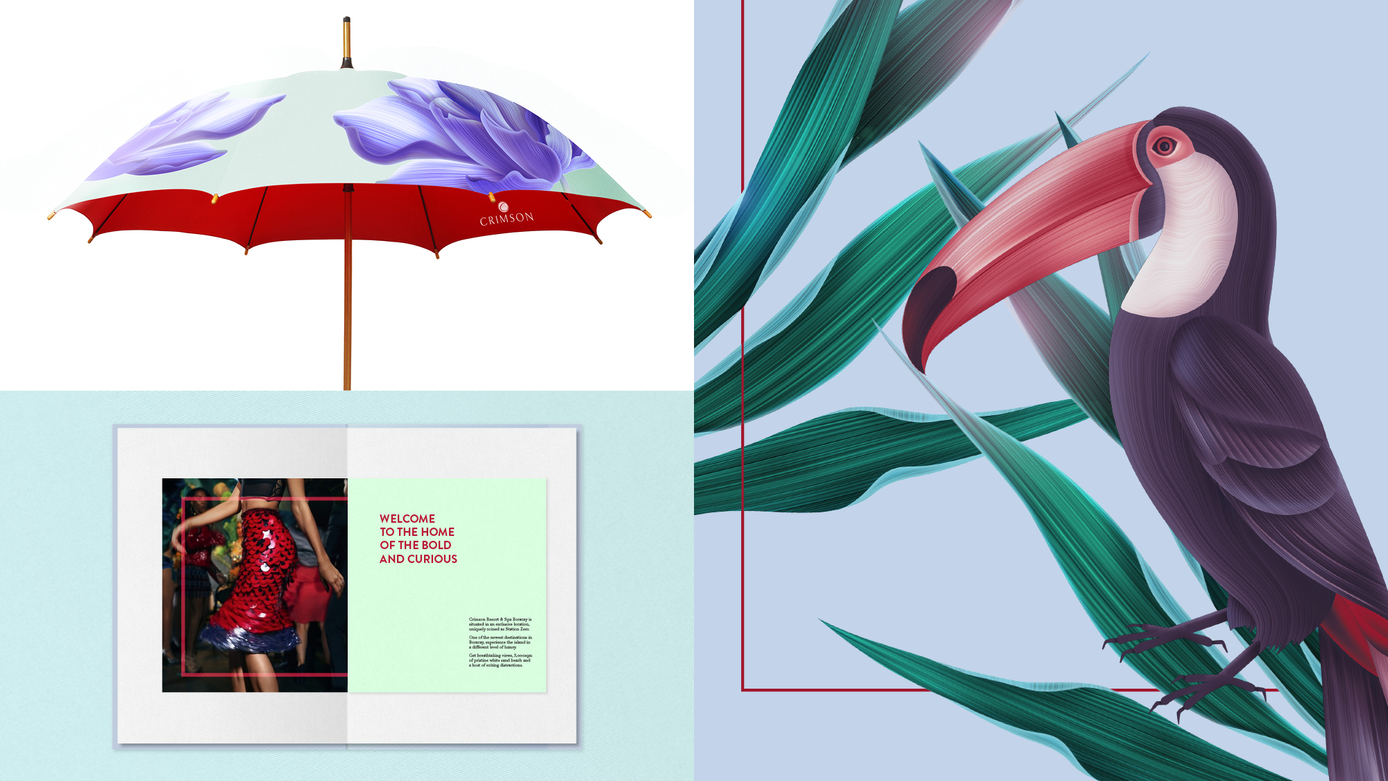 Entity-3-Three-Brand-Design-Agency-Sydney-Hotels-and-Resorts-16-Crimson-experience-merchandise-umbrella-print-brochure-illustration